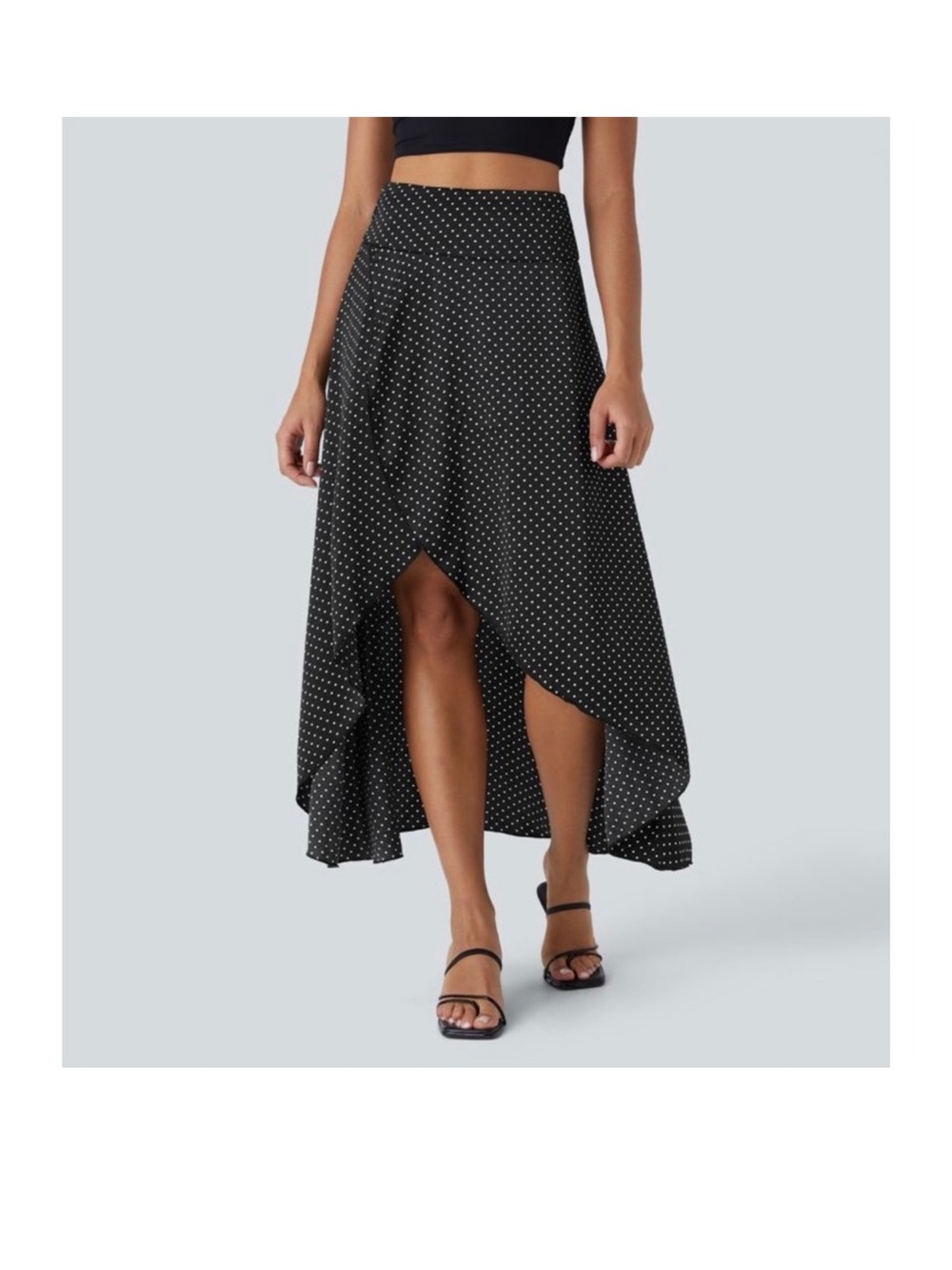 Halara Polka Dot Maxi Skirt Womens Medium Black White Ruffle Hem High Low NWT